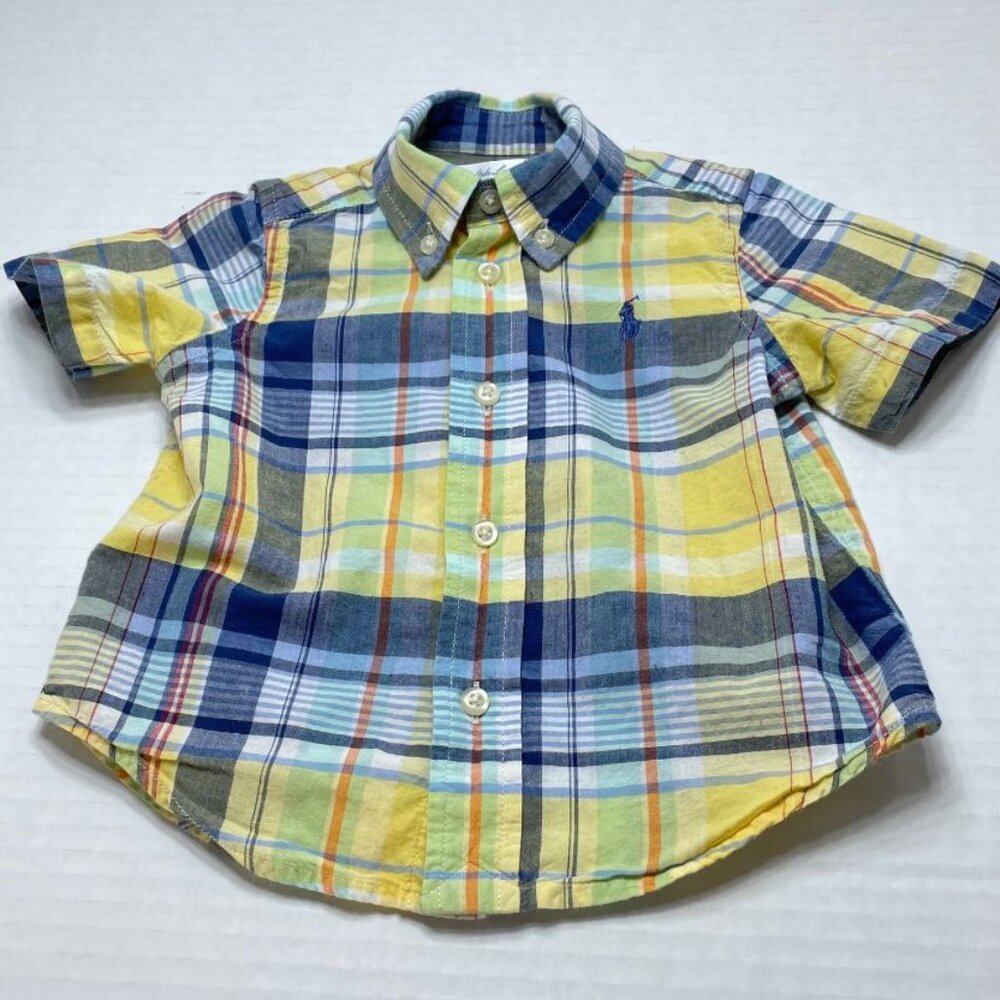 Ralph Lauren Baby Boy's Short Sleeve Shirt - Yellow & Blue Plaid - Size 9M - EUC